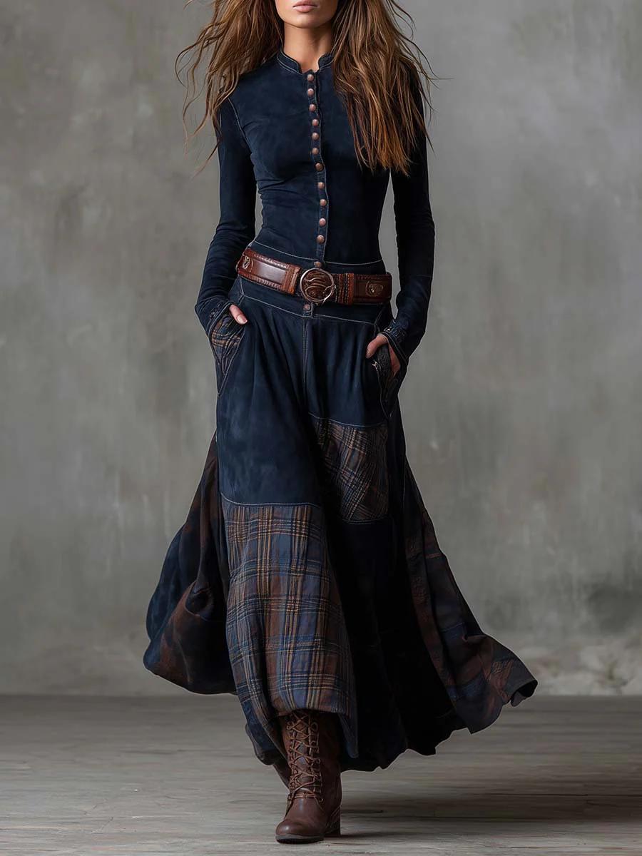 Leonora | Vintage Langkleid in Marineblau Wildleder-Check (Inklusive Gürtel)