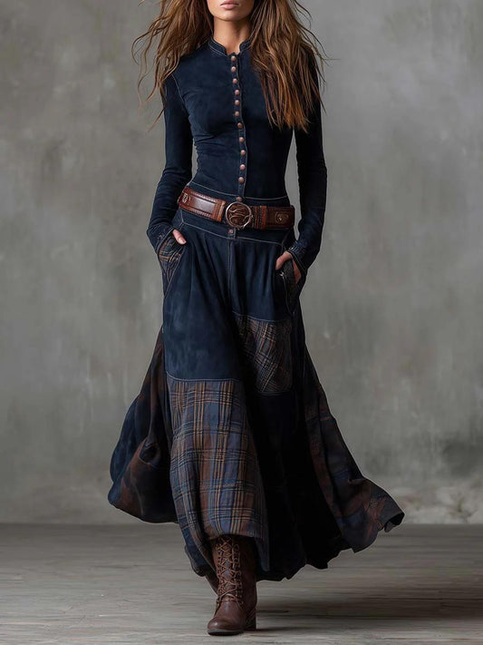 Leonora | Vintage Langkleid in Marineblau Wildleder-Check (Inklusive Gürtel)