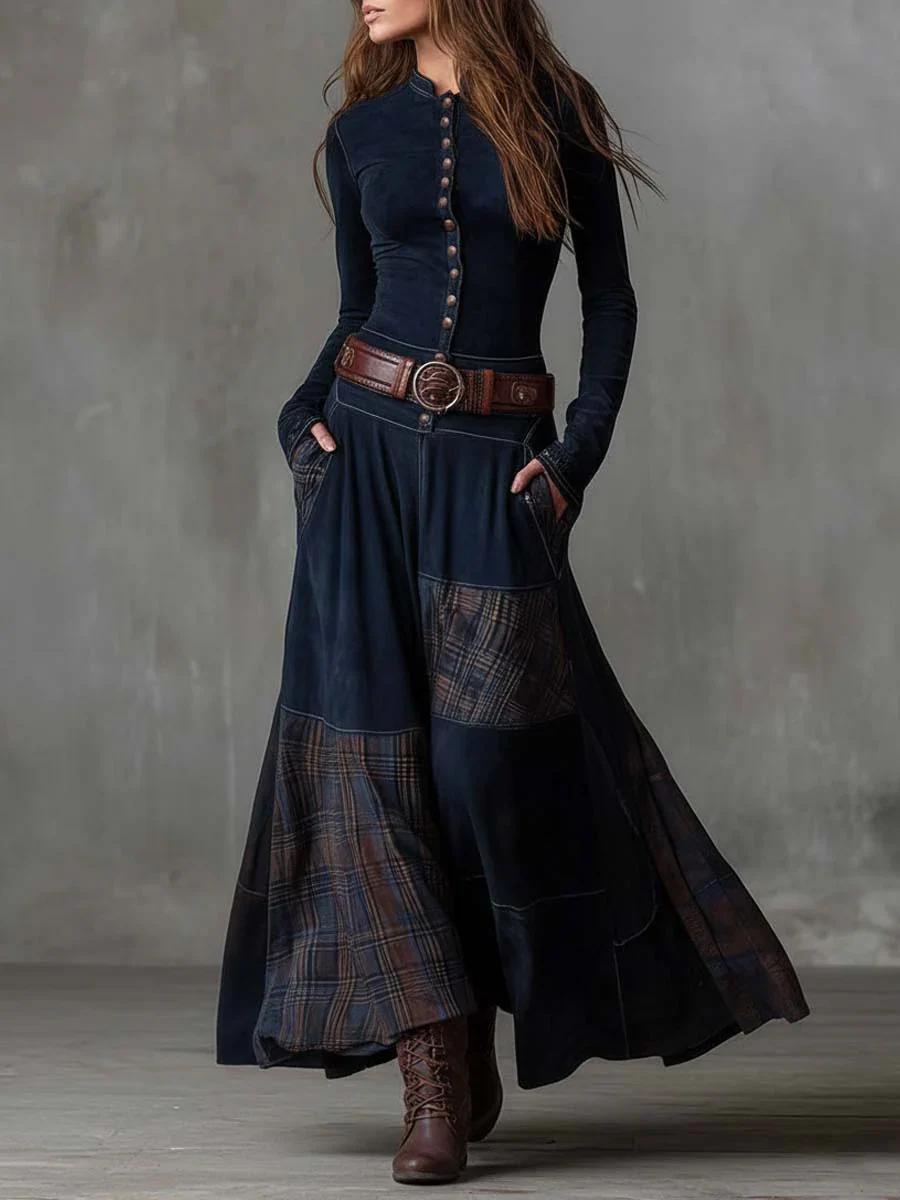 Leonora | Vintage Langkleid in Marineblau Wildleder-Check (Inklusive Gürtel)