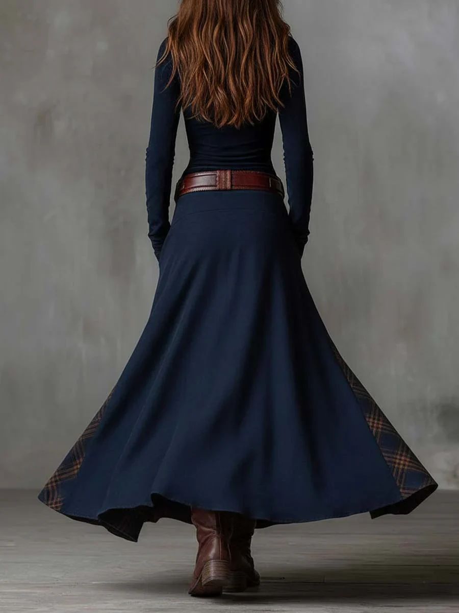 Leonora | Vintage Langkleid in Marineblau Wildleder-Check (Inklusive Gürtel)